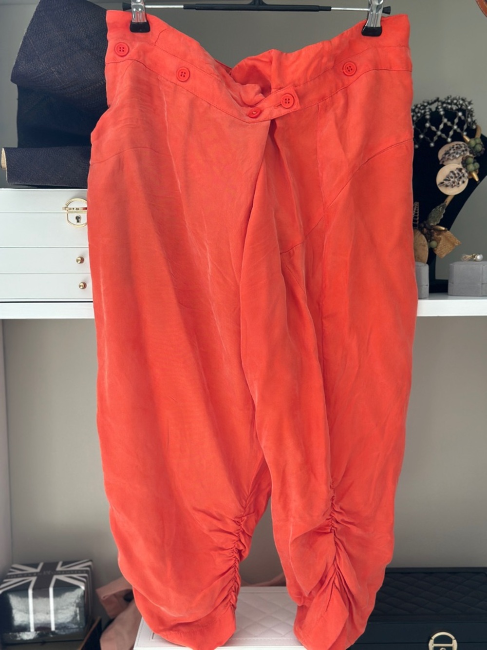Modern Unique Designer’s Bright Coral Orange Draped silk Pants w Pockets